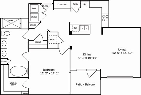 Floor plan for 1 bed, 1 bath, 1448 sqft